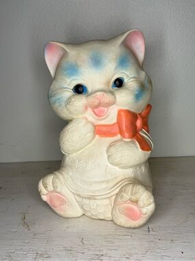 Vintage Ashland Rubber Cat with Pink Ribbon Squeak Toy, Use for Toy or Display